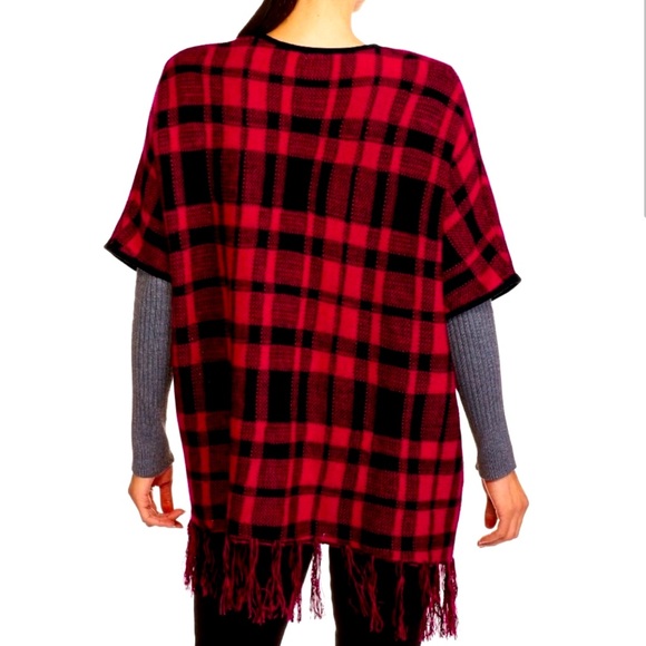 NWT Faded Glory Red and Black Buffalo Plaid Open Poncho Sweater - Picture 2 of 12
